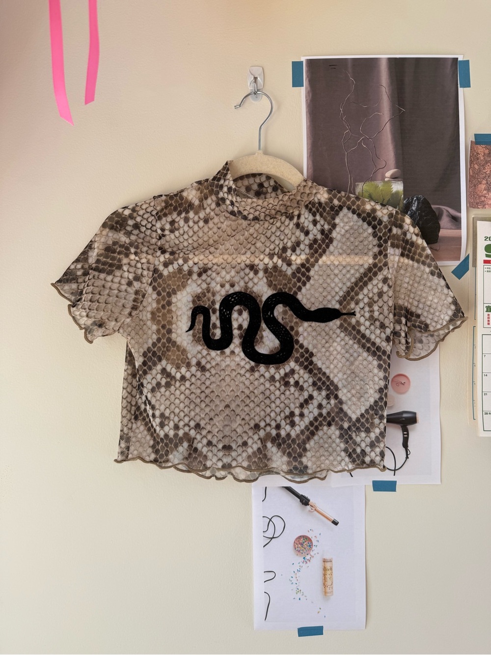 EUC Snake Print Sheer Mockneck Crop Top with Black Snake Motif